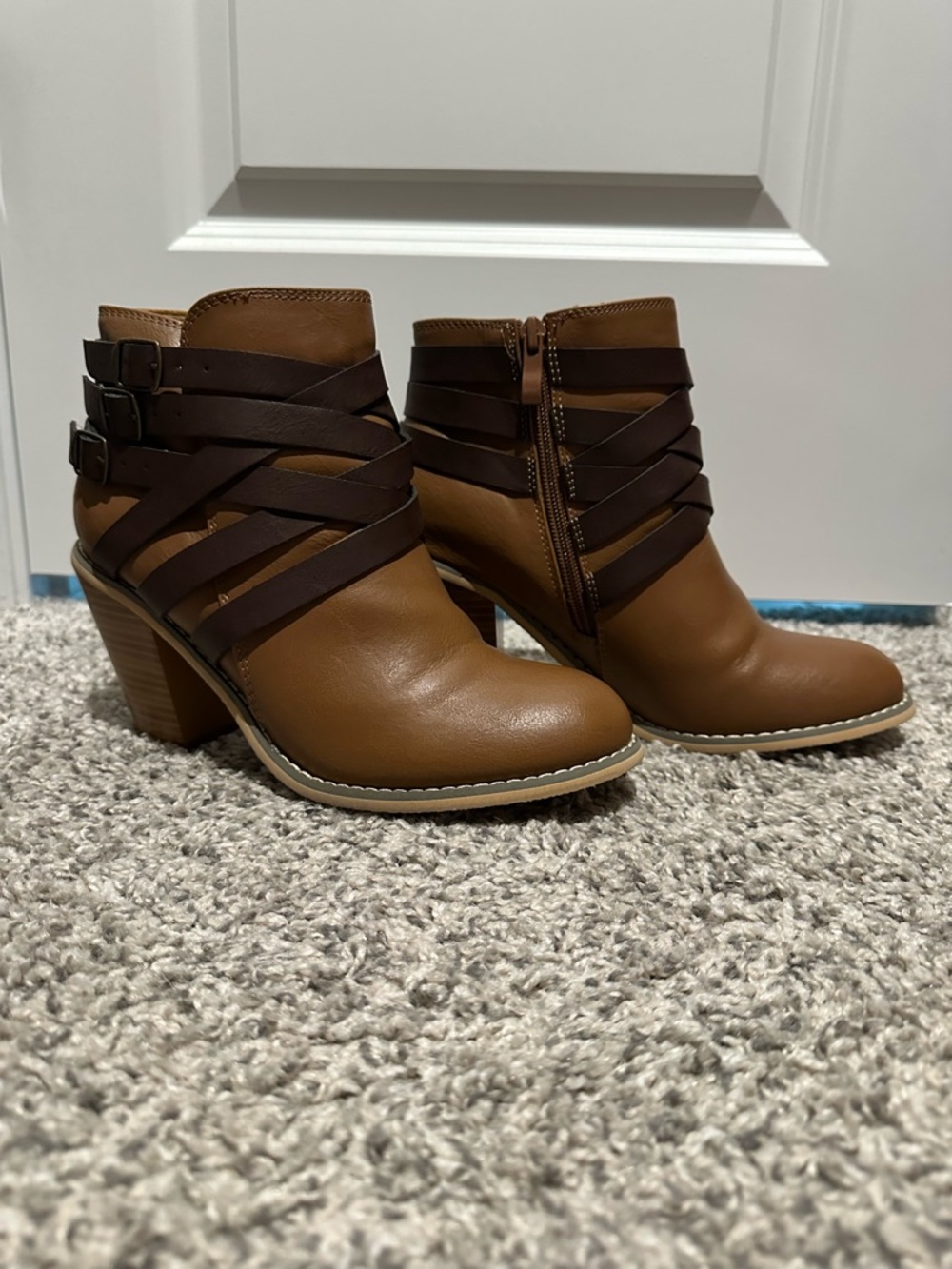 Journee Collection Brown Strappy Ankle Bootie with Buckle Detail
